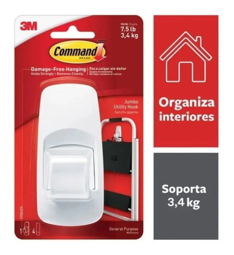  Percha Gancho Pared Autoadhesiva Jumbo X1  3m Command 17004