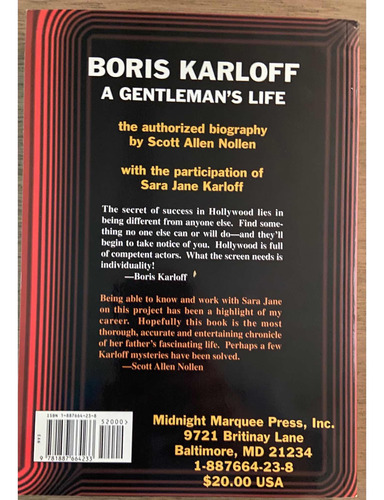 Boris Karloff, A Gentlemans Life. Libro. Usado.