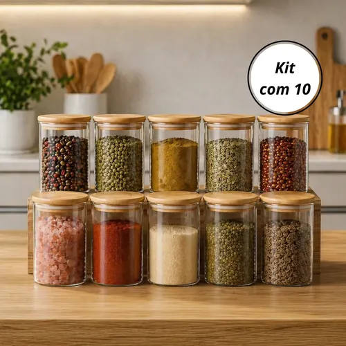 Kit Potes De Vidro Herméticos Kyrios Com Tampa De Bambu Com Colher De 450ml Para Mantimentos Alimentos Grãos Café Cereais Cozinha Com Vedação Hermética Vidro Borossilicato Livre Bpa Transparente Bege