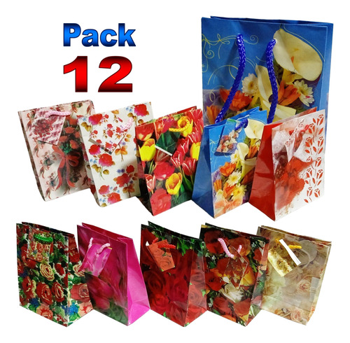 Pack 12 Bolsas De Regalo 14,5 X 11,5 X 6cm Flores Surtidas