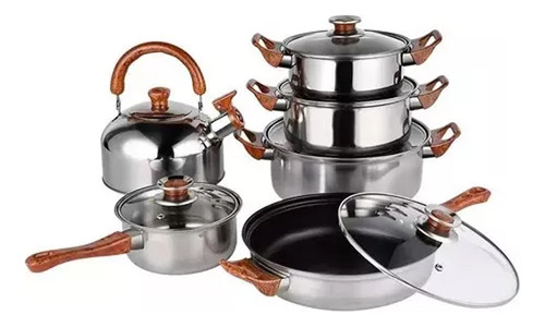 Jogo De Panelas 6 Peças Conjunto de panelas de cozinha com cabos de madeira e chaleira cor Prata Jonas Pereira