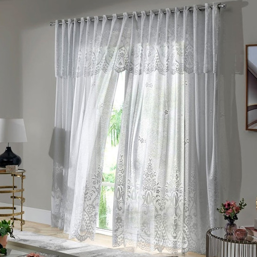 Cortina De Renda Branca Sala Quarto 350x220cm Bandô P/ Varão Cor Branco