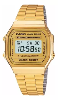 Reloj pulsera Casio Vintage A168 de cuerpo color dorado, digital, fondo ocre, con correa de acero inoxidable color dorado, dial negro, minutero/segundero negro, bisel color dorado y hebilla de gancho