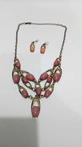 Juego Collar Y Aretes Antiguo Con Piedras Rosadas 