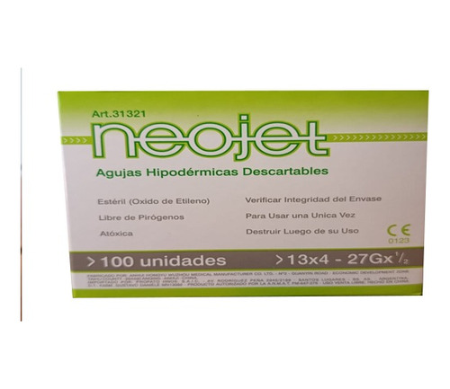 Aguja HiPodérmica Neojet 13x4 27gx 1/2 X 100 Unids