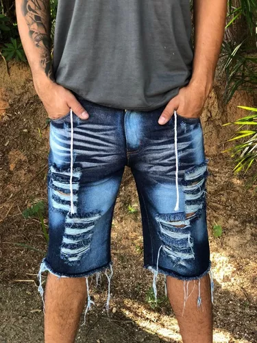 Bermuda Jeans Masculino Rasgada Sm Lycra Slim