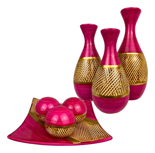 Conjunto Enfeite Ceramica Trio Vasos Centro Mesa Decorativo Cor Boliche Pink Dourado