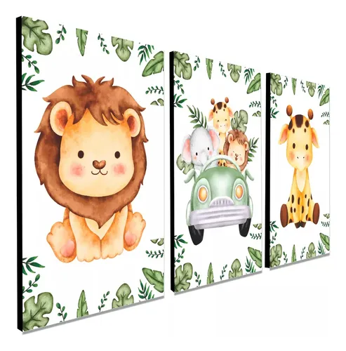 comprar Kit 3 Peças Quadros Safari Aquarela Infantil Quarto Criança