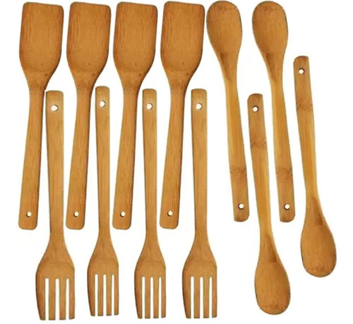 Kit 12 Talheres Grande Utensílios Cozinha Em Bambu