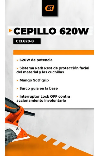 Cepilladora eléctrica de mano Lüsqtoff CEL620-8 8.2cm 220V color Naranja