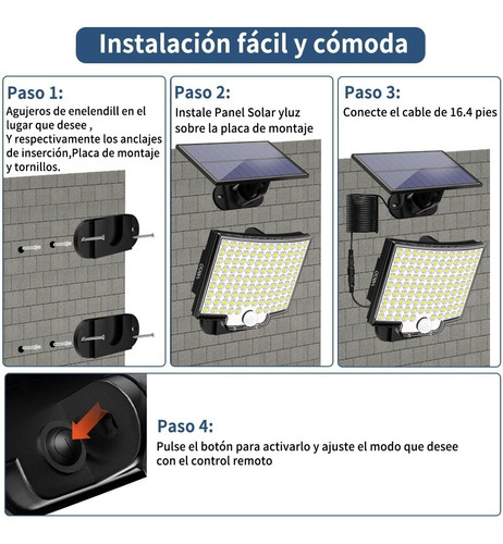 Vedd® Lámpara Solar Exterior Jardín Pared Sensor Luz 106 Led Estructura Negro