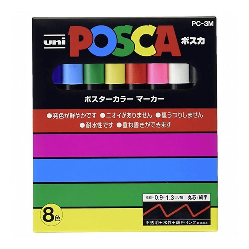 Imagen 1 de 3 de Uni Posca Set 8 Marcadores -  3m Acrílico Original Japonés 