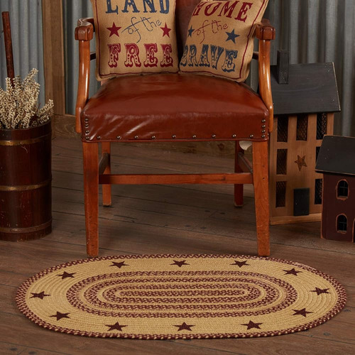 Burgundy Tan Yute Rug Oval Stencil Stars W / Pad 24x36