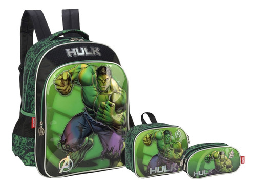 Kit Mochila Meninos Incrível Hulk Heróis Marvel Costas Tam G