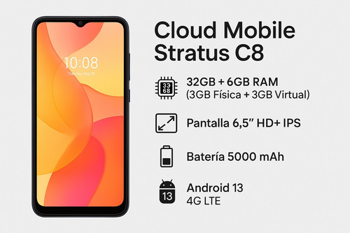 Smartphone Cloud Stratus C8 32gb 6gb Ram (3+3) Dual Sim Libre 4g Android 13 Pantalla 6.5 5000mah Negro