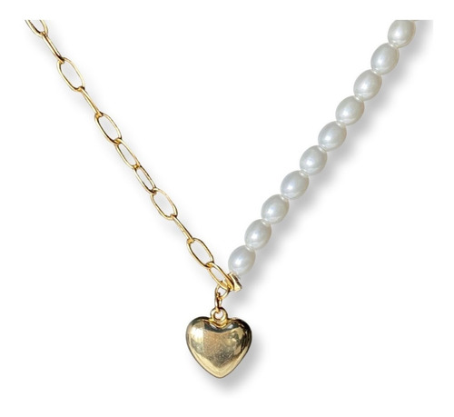 Collar Perlas Cadena Corazón Plata S925 Baño Oro + Caja