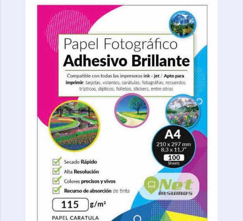 Imagen 1 de 5 de Papel Fotográfico Adhesivo Brillante A4 115gr Pack 100 Hojas