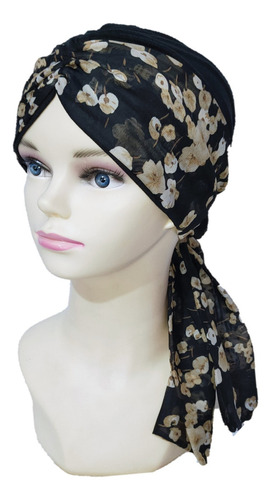 Turbante Gorro Para Mujer C/banda Oncológico Quimio. Algodon Color Negro Estampado