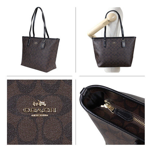 Bolsa Tote Coach Sig City Tote Marrón Oscuro Rayas Níquel Negro