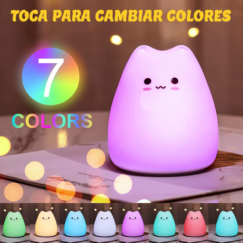 Luz Nocturna Gato Silicona 7 Colours Para Bebé Niño Regalos