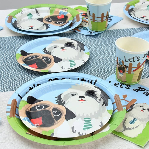 Kit De Desechable Para Fiesta De Perros Platos, Vasos, Servi Azul Claro Let’s Pawty Perros