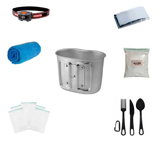 Kit Caneca Alumínio + Talher Preto + Toalha + Acessórios