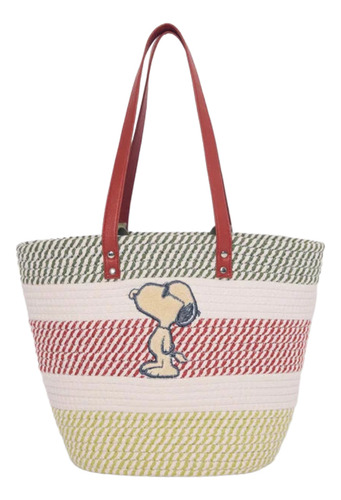 Bolsa De Playa Snoopy Ws Casual Acabado De Los Herrajes Algodon Color Azul Correa De Hombro Crema Diseño De La Tela Rayas