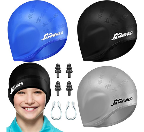 3pcs Gorros De Natación Para Niños Con 3d Bolsillo De Oreja 