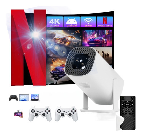 Proyector Inteligente Portátil 4k Hd Con Android 11, Wifi 6 Y Bluetooth, Ideal Para Cine En Casa, Oficina Y Actividades Al Aire Libre, Incluye 2 Mandos De Juego Y Más De 35,000+ Juegos