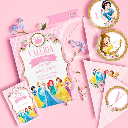 Kit Imprimible Princesas Disney Rosa Glitter Decoración W3