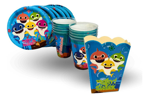 Kit Platos, Vasos Y Palomeros Para 10 Invitados Personajes Baby Shark