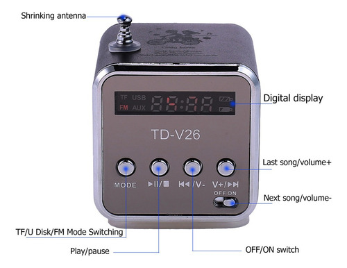 Alto-falante Portátil De Rádio Fm Digital Td-v26 Mini Fm Rad