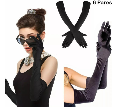 6 Pcs Guantes Largos De Satén Para Mujer De Moda Accesorios Negro Lisa
