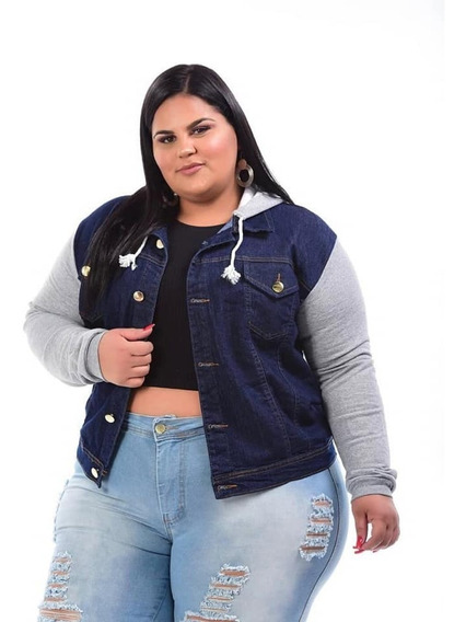 jaqueta jeans com manga de moletom feminina plus size