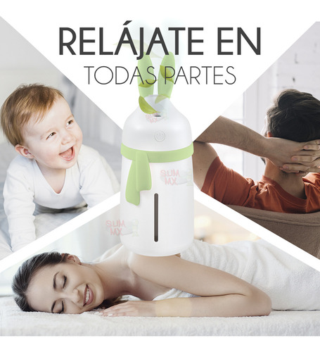 Humidificador Difusor De Aromas Diseño De Conejo Con Bufanda Con Luz Led Slim Company Para Aromaterapia, Sesiones De Relajación, Purificación Del Aire Color Blanco Con Verde