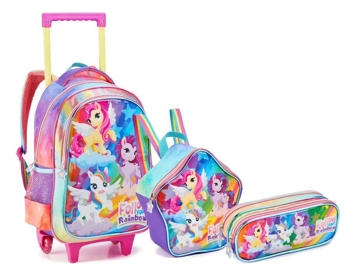 Kit Mochila Rodinha Unicórnio Arco Iris Menina