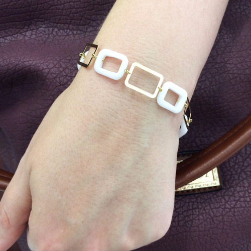 Pulseira Feminina Ouro 18k Com Pedra Retangular Ágata Branca