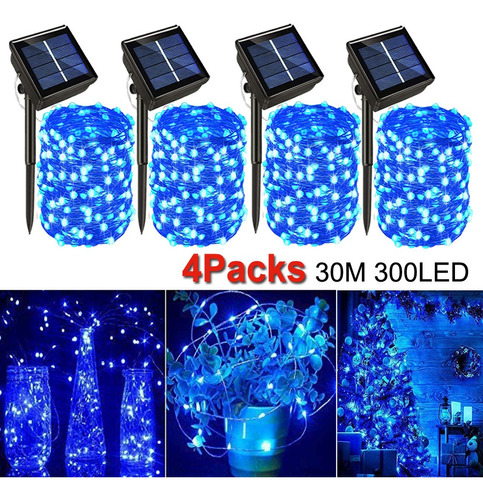 300 Luces Led Solares De 30 M Para Navidad, 4 Paquetes