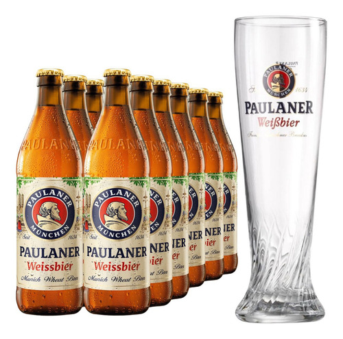 Kit 12 Cerveja Trigo Paulaner Garrafa 500ml + Copo Paulaner