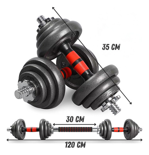 Set Mancuernas + Barra + Discos De Fundicion 30 Kg Premium Negro Y Rojo