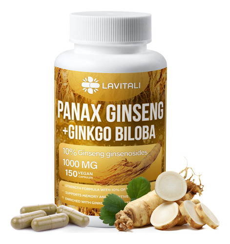 Ginseng & Ginkgo Biloba 150 Capsulas Vegetales, Polvo De Ext