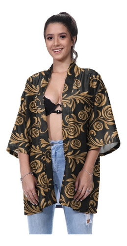 Kimono Haori Floral Sakura Japão Rosas Gold Hype Trap Cult