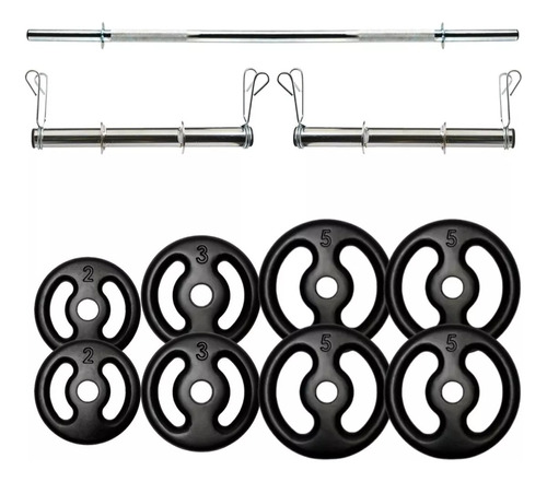 Kit Musculação 30 Kg Com 3 Barras Oca E Anilhas 