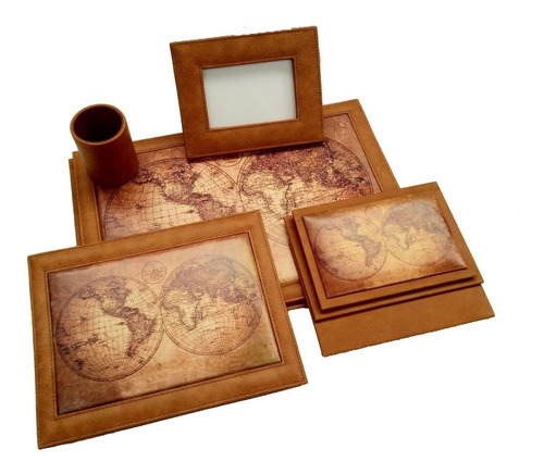 Juego Para Escritorio Mapa Mundi En Piel Vacuno Kuerissimo