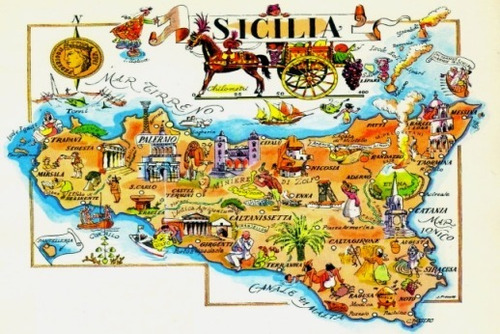 Mapa De Sicilia - Isla De Italia - Lámina 45x30 Cm.