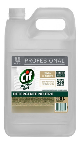 Detergente Lavavajillas Prof Cif Gel Neutro Unilever 5 Lts