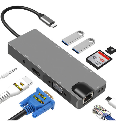 Adaptador Usb C 8 En 1 Hdmi Vga Ethernet