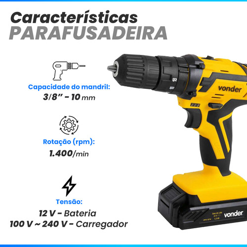 Parafusadeira Furadeira Vonder Pfv 074 12v 74 Peças 100/240v