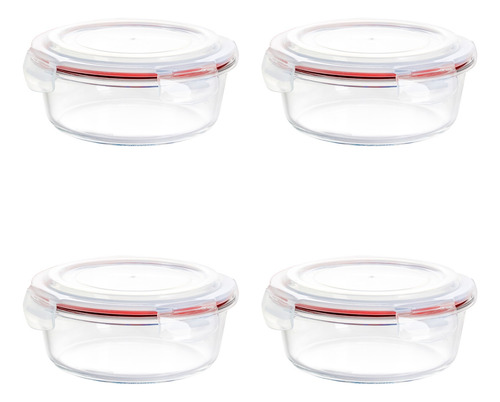 Set 4 Piezas Contenedor Hermetico Redondo Chico Rojo 400 Ml Transparente