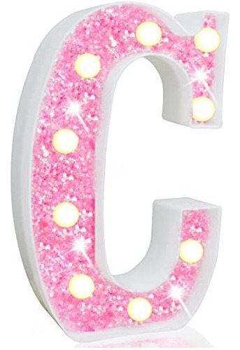 Letra Decorativa Con Luz Led Plastico Rosa Glitter Letra C
